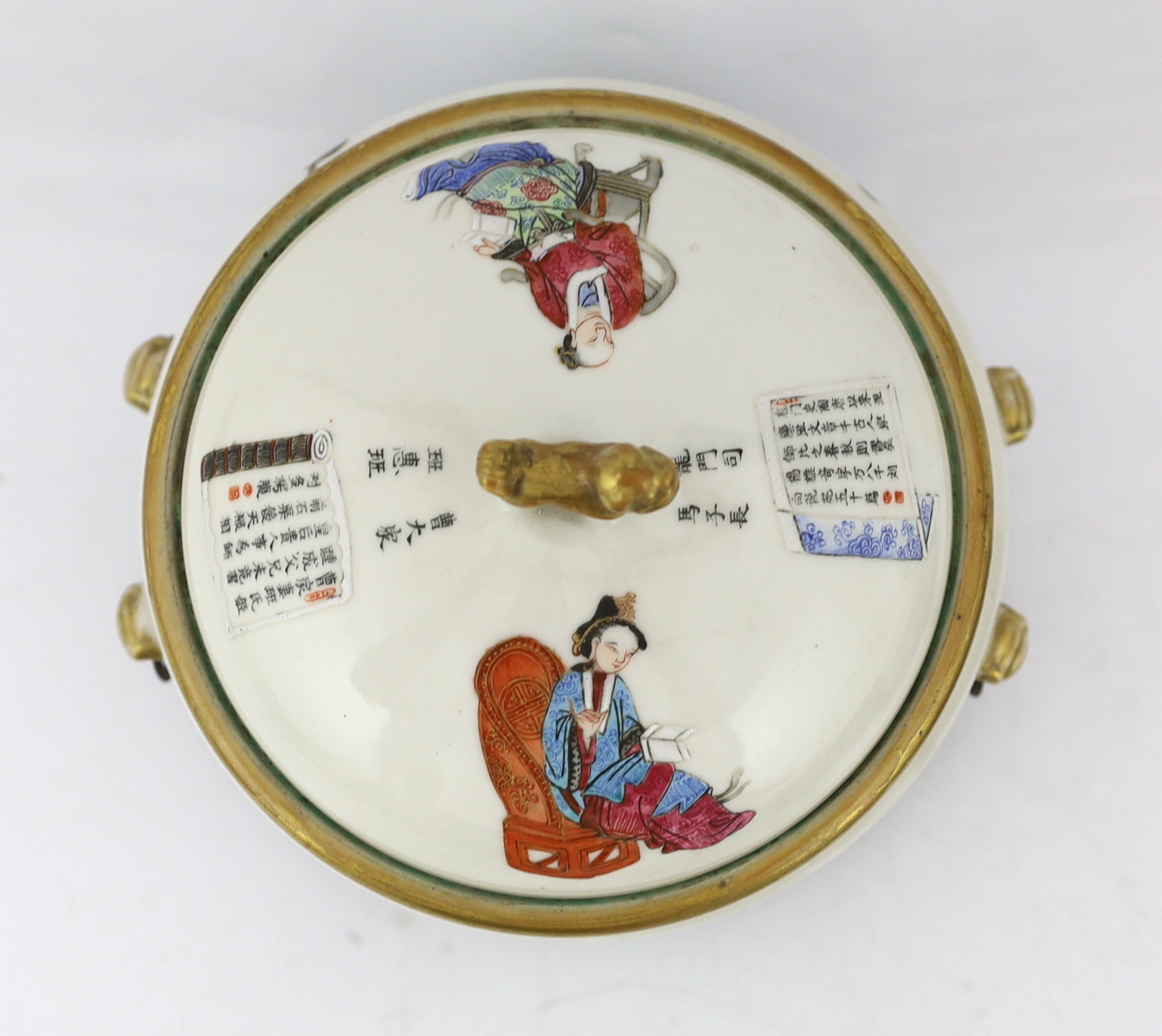 A pair of Chinese famille rose 'Wu Shuang Pu' porridge pots, liners and covers, Daoguang seal marks and of the period (1821-50), star crack to one base